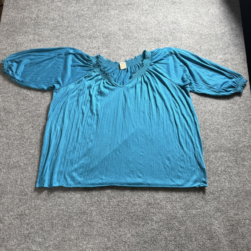 Faded Glory Womens Teal Blue Smocked Peasant Blouse 3/4 Sleeve V-Neck Top XL